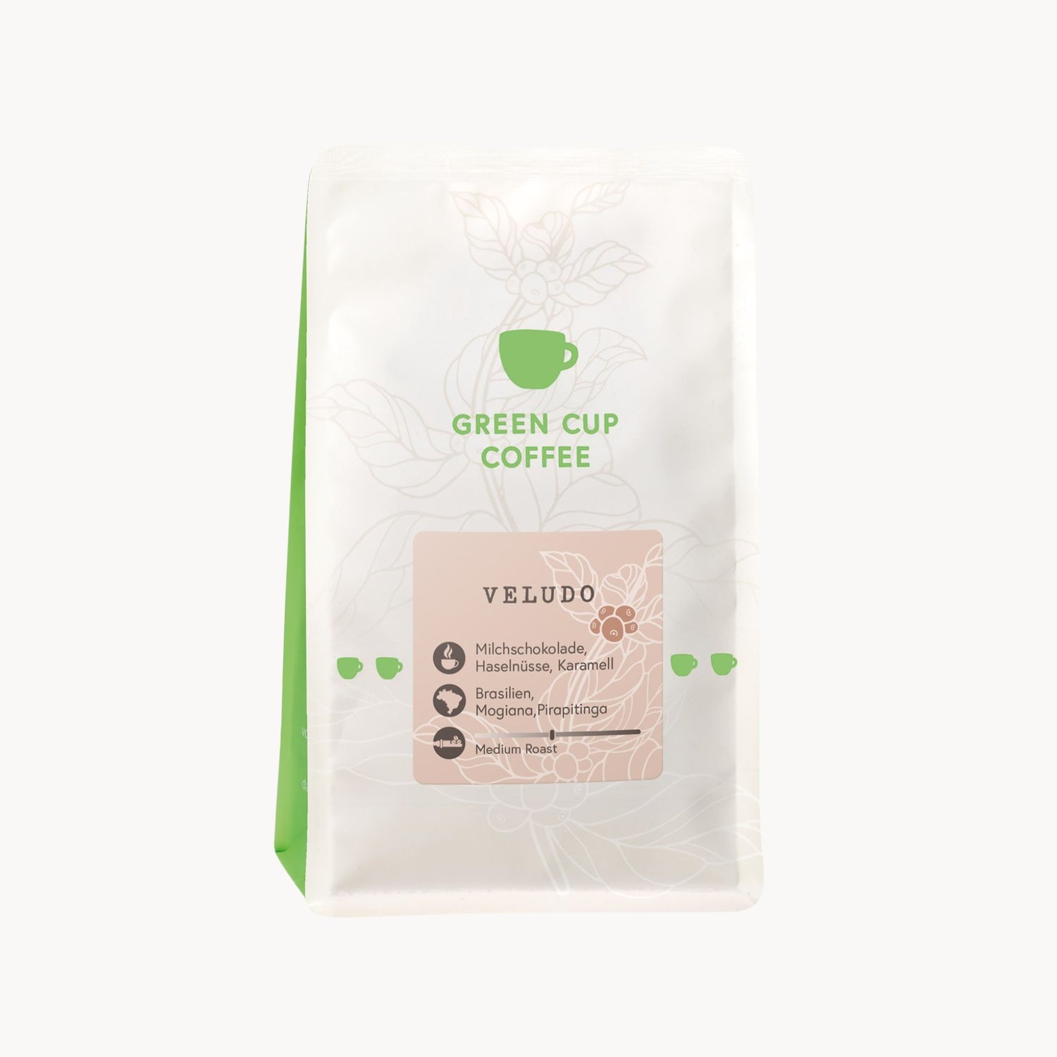 Packshot: Veludo Arabica Kaffee aus Brasilien, Mogiana mit Milchshokolade, Haselnüssen und Karamell