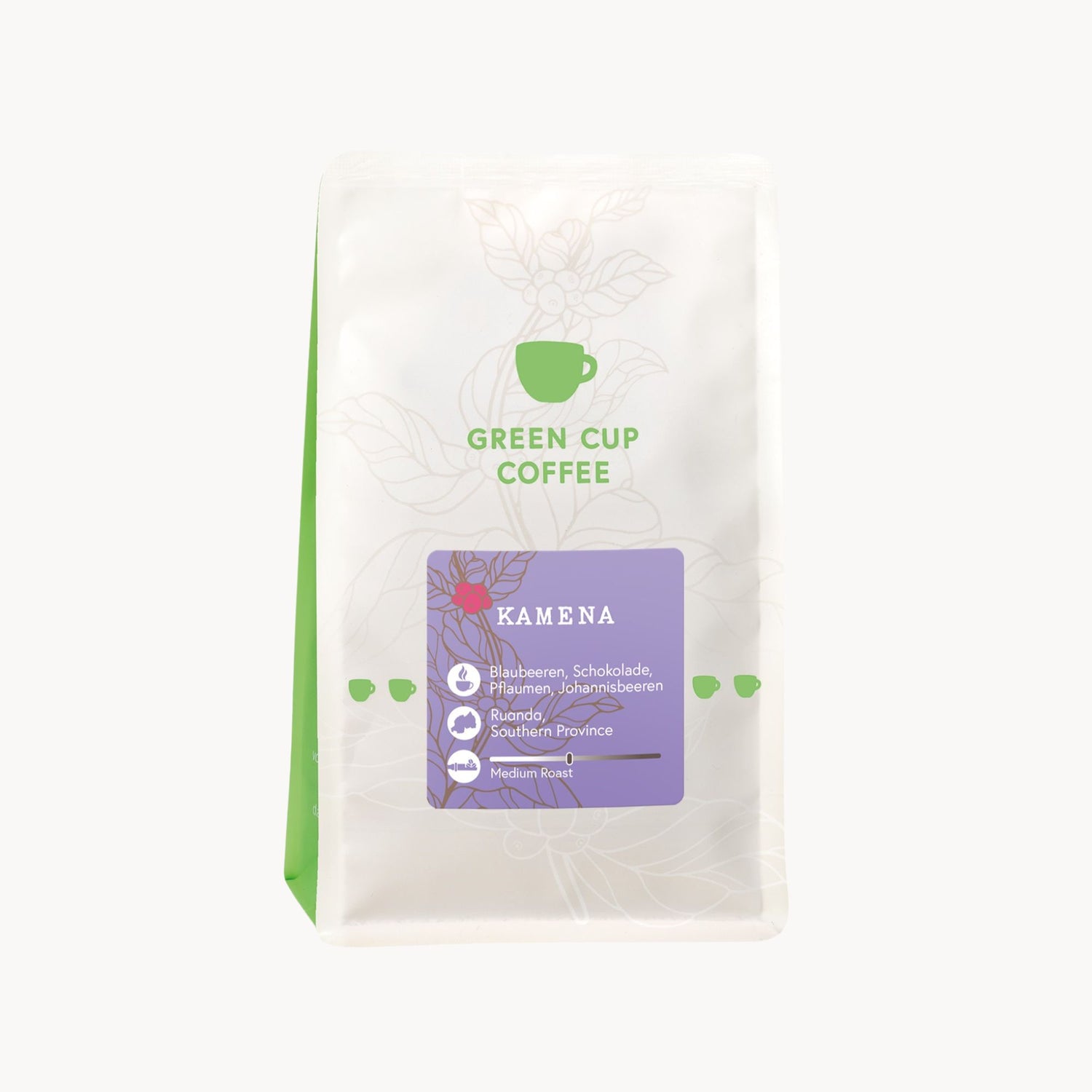 Green Cup Coffee Kamena – Kaffee aus Ruanda, mit Noten von Blaubeeren, Schokolade, Pflaumen und Johannisbeeren, Produktverpackung Vorderansicht
