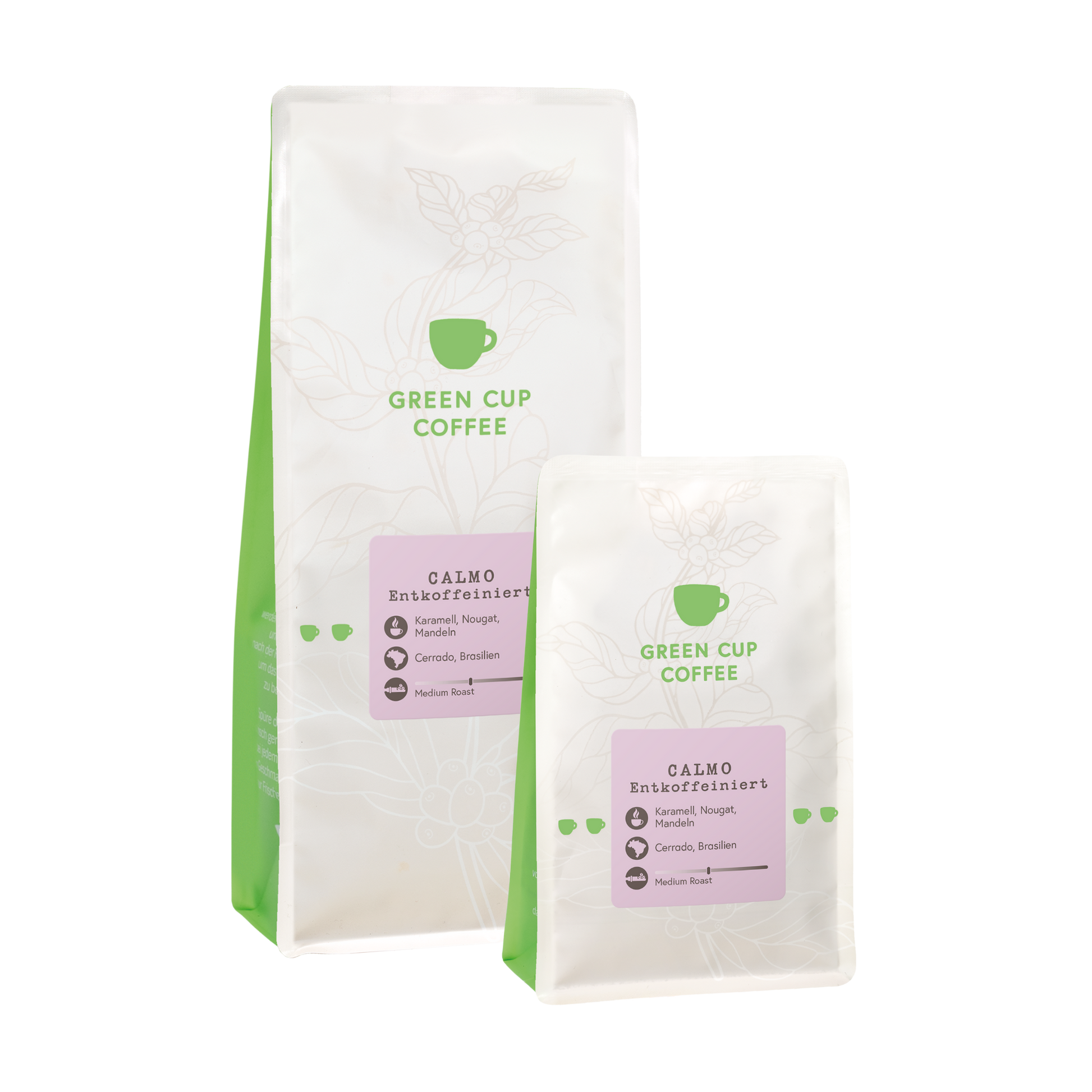 Packshot Kaffee Calmo Entkoffeiniert Green Cup Coffee 1kg und 250g Packungen