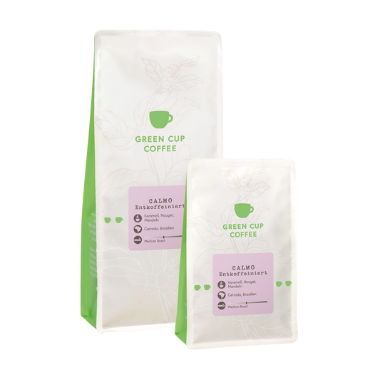 Packshot Kaffee Calmo Entkoffeiniert Green Cup Coffee 1kg und 250g Packungen