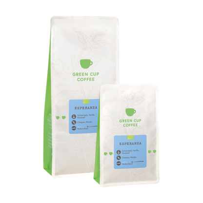 Packshot Kaffee Esperanza Green Cup Coffee 1kg und 250g Packungen