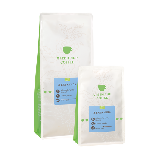 Packshot Kaffee Esperanza Green Cup Coffee 1kg und 250g Packungen
