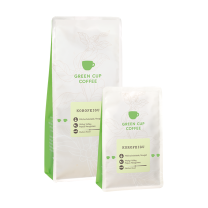 Packshot Kaffee Korofeigu Green Cup Coffee 1kg und 250g Packungen