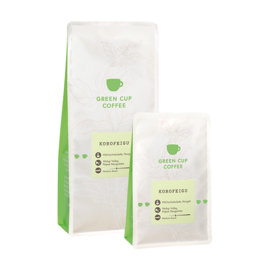 Packshot Kaffee Korofeigu Green Cup Coffee 1kg und 250g Packungen