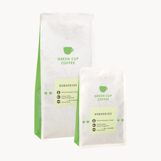 Packshot Kaffee Korofeigu Green Cup Coffee 1kg und 250g Packungen