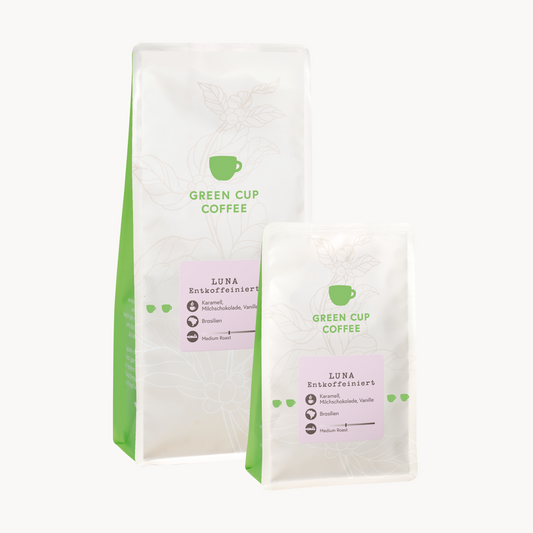 GCC Packshot: Kaffee Luna entkoffeiniert 250g und 1000g Tüten