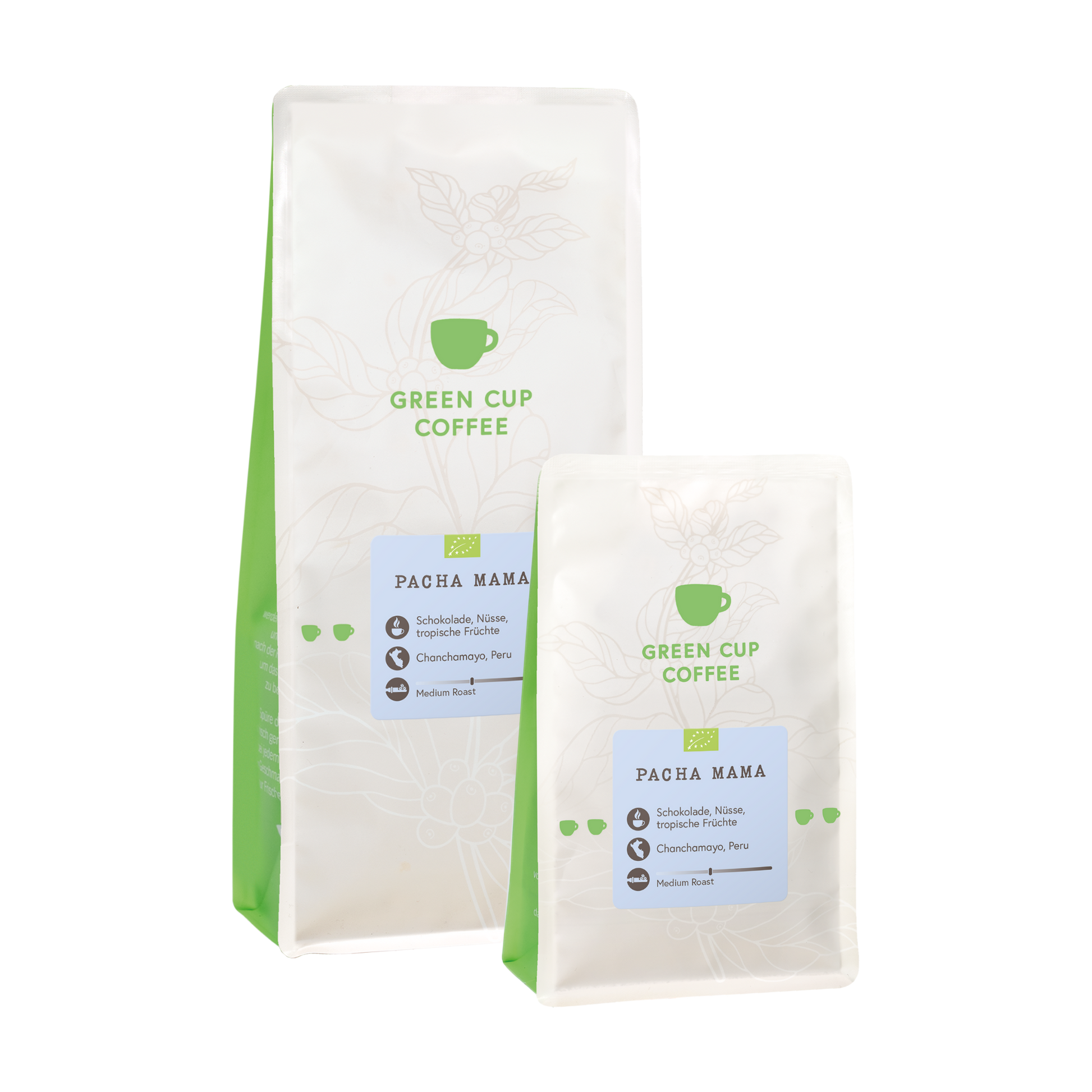 Packshot Kaffee Pacha Mama Green Cup Coffee 1kg und 250g Packung