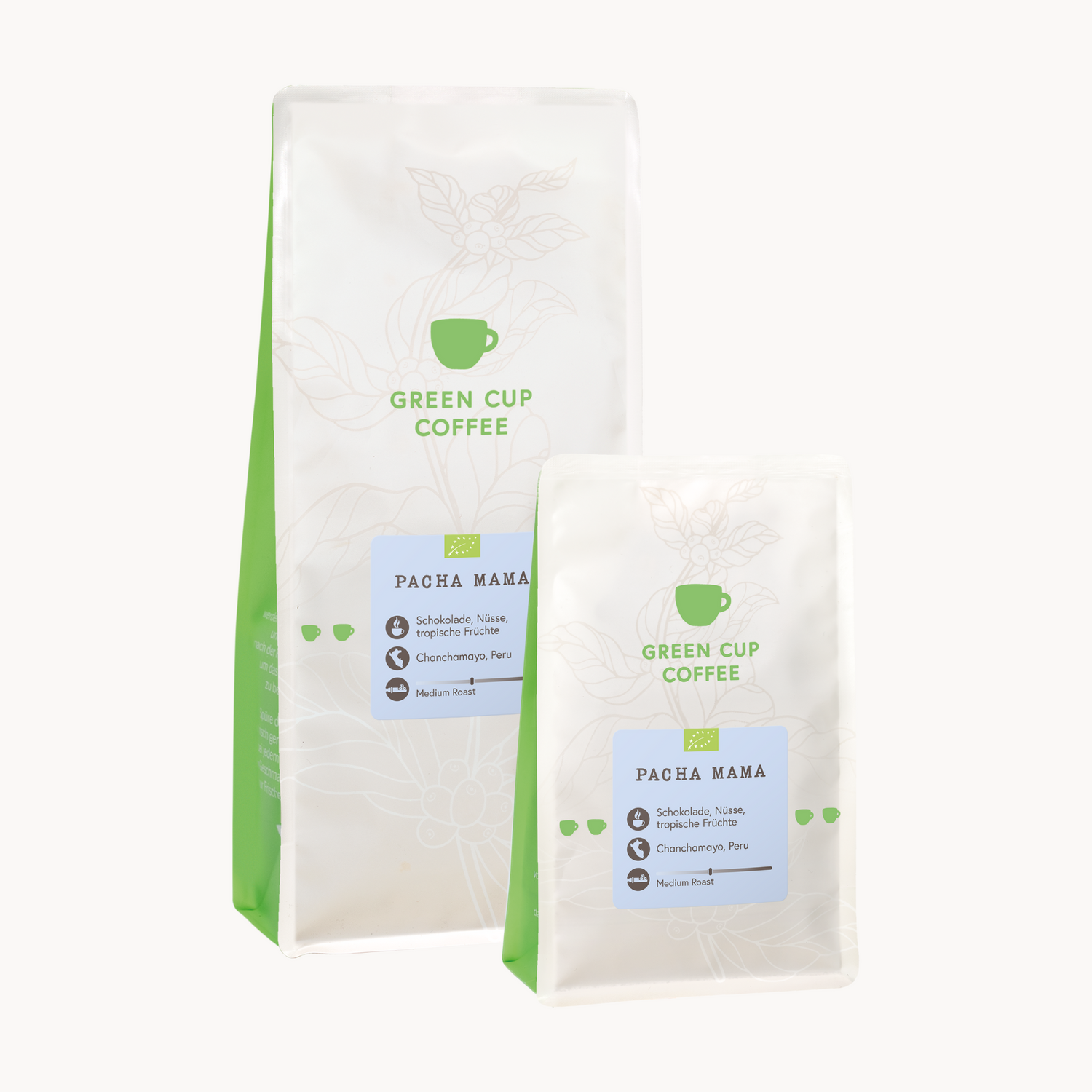 Packshot Kaffee Pacha Mama Green Cup Coffee 1kg und 250g Packung