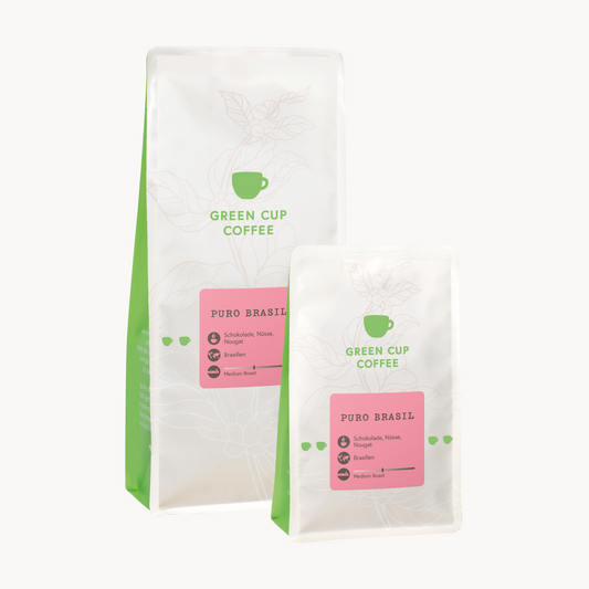 Packshot Kaffee Puro Brasil Green Cup Coffee 1kg und 250g Packung