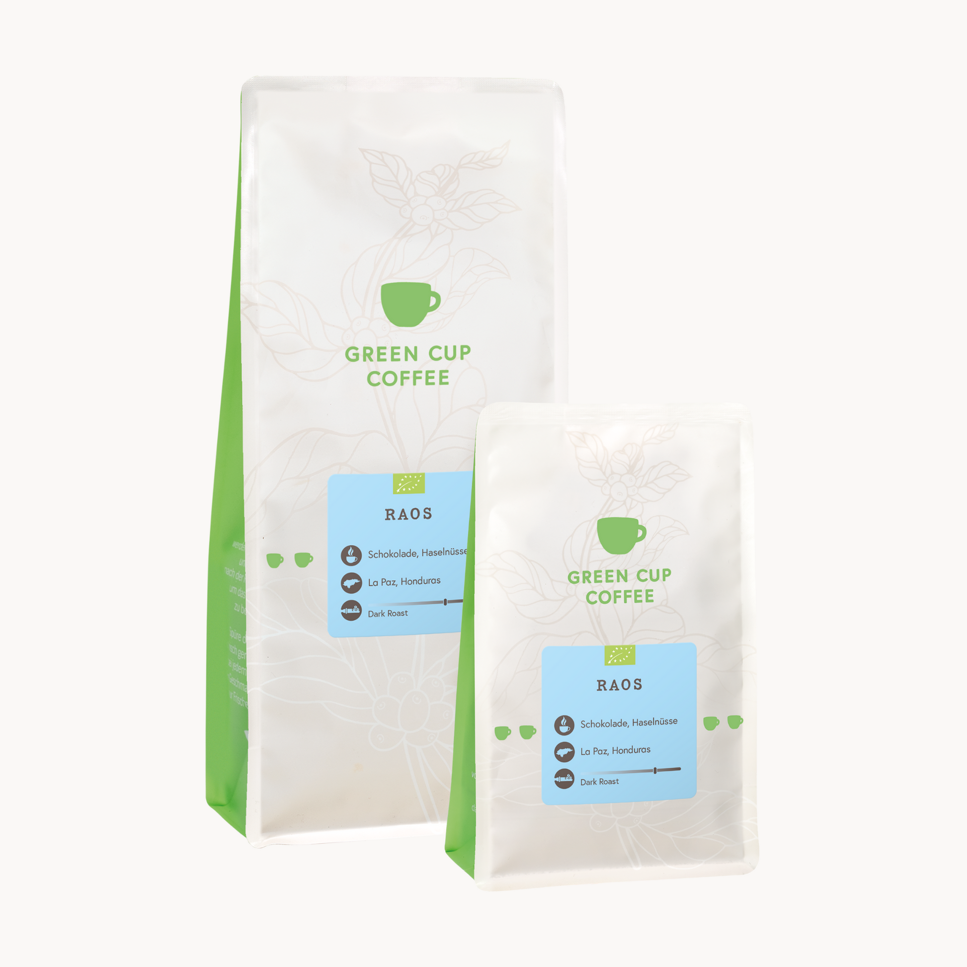 Packshot Kaffee Raos Green Cup Coffee 1kg und 250g Packung