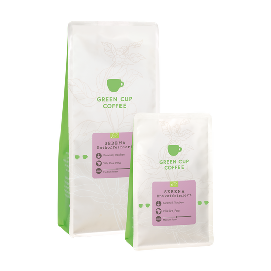 Packshot Kaffee Serena Entkoffeiniert Green Cup Coffee 1kg und 250g Packungen