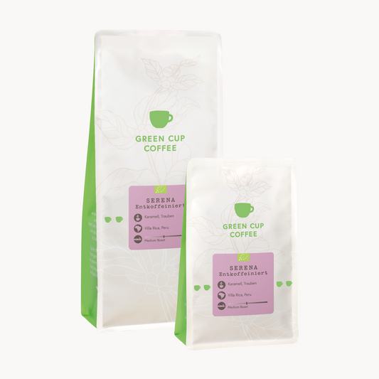 Packshot Kaffee Serena Entkoffeiniert Green Cup Coffee 1kg und 250g Packungen