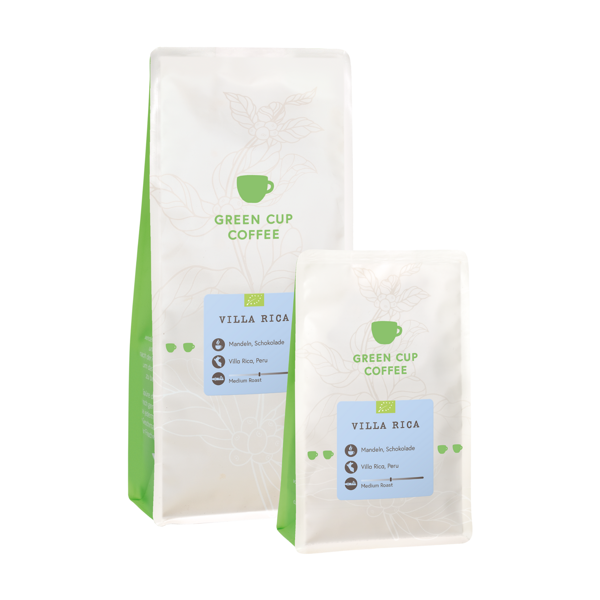Packshot Kaffee Villa Rica Green Cup Coffee 1kg und 250g Packungen