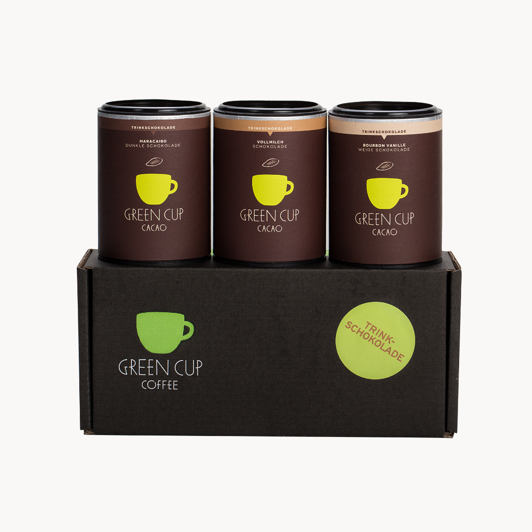 Probierbox Trinkschokolade: drei Dosen Trinkschokolade mit den Sorten Maracaibo, Vollmilch und Bourbon Vanille