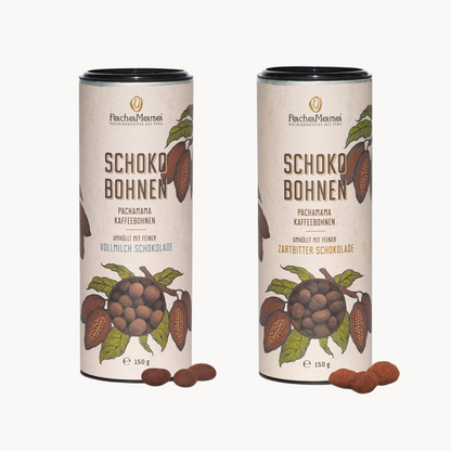 Packshot Green Cup Coffee Schokobohnen: Vllmilch und Zartbitter Schokolade, 150g Dosen