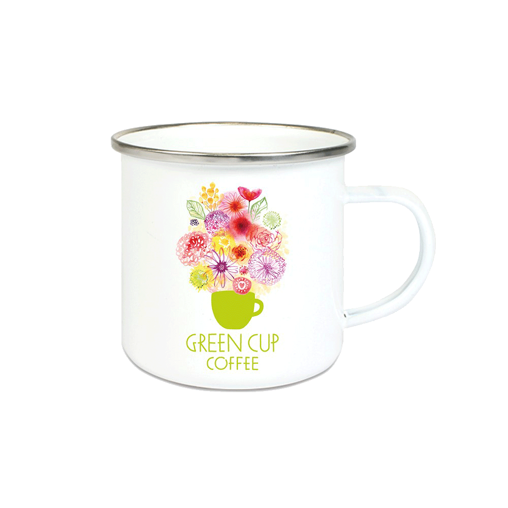 Emailletasse Frühling mit buntem Blumenmuster und Green Cup Coffee Logo