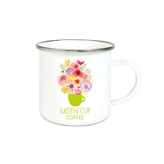 Emailletasse Frühling mit buntem Blumenmuster und Green Cup Coffee Logo