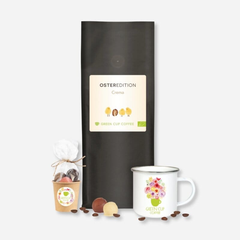 Großes Osternest - Kaffee: Produktbild mit Tüte Kaffee, Pralinen und Emailletasse