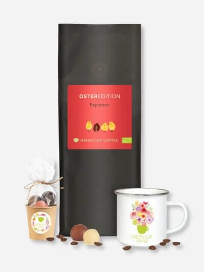 Großes Osternest - Espresso: Produktbild mit Tüte Kaffee, Pralinen und Emailletasse