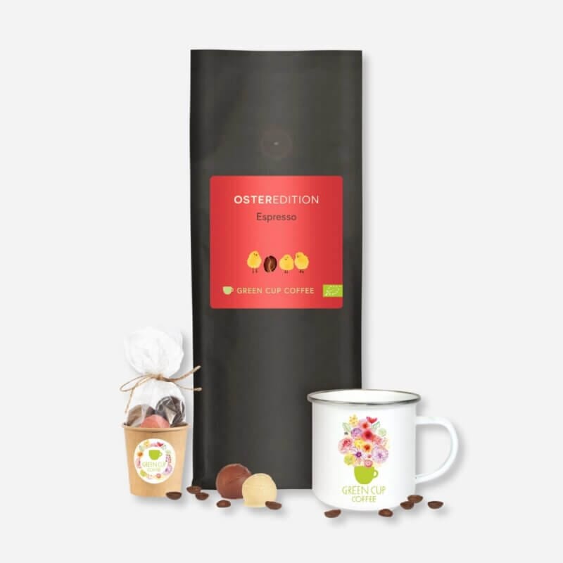 Großes Osternest - Espresso: Produktbild mit Tüte Kaffee, Pralinen und Emailletasse